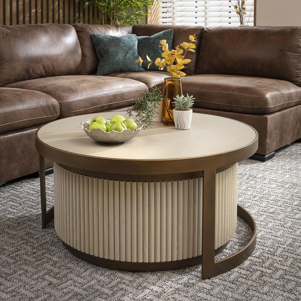 Dorian Round Nesting Coffee Table Set Ivory & White Shagreen 92cm