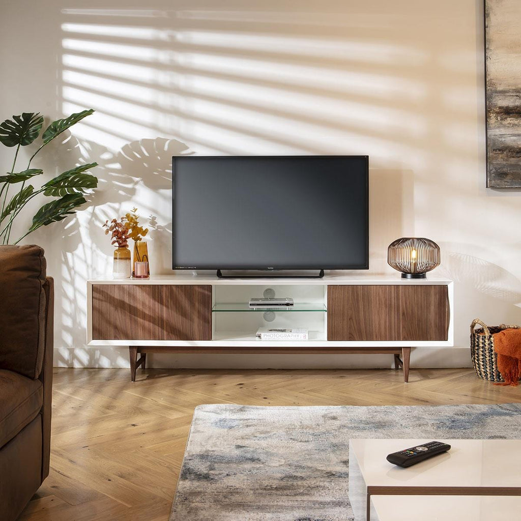 Sito Walnut & Gloss White Large TV Stand Cabinet 201cm
