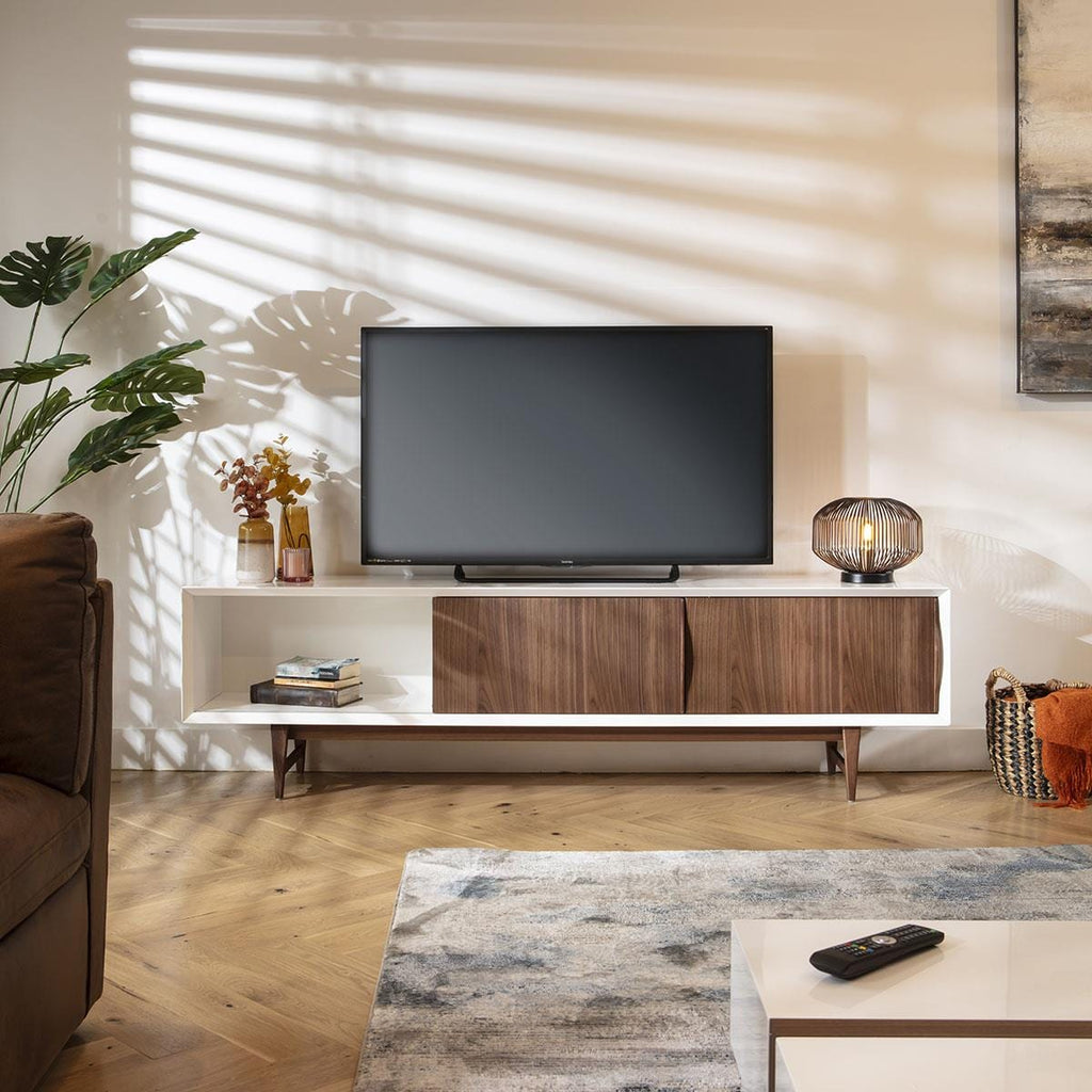 Sito Walnut & Gloss White Large TV Stand Cabinet 201cm