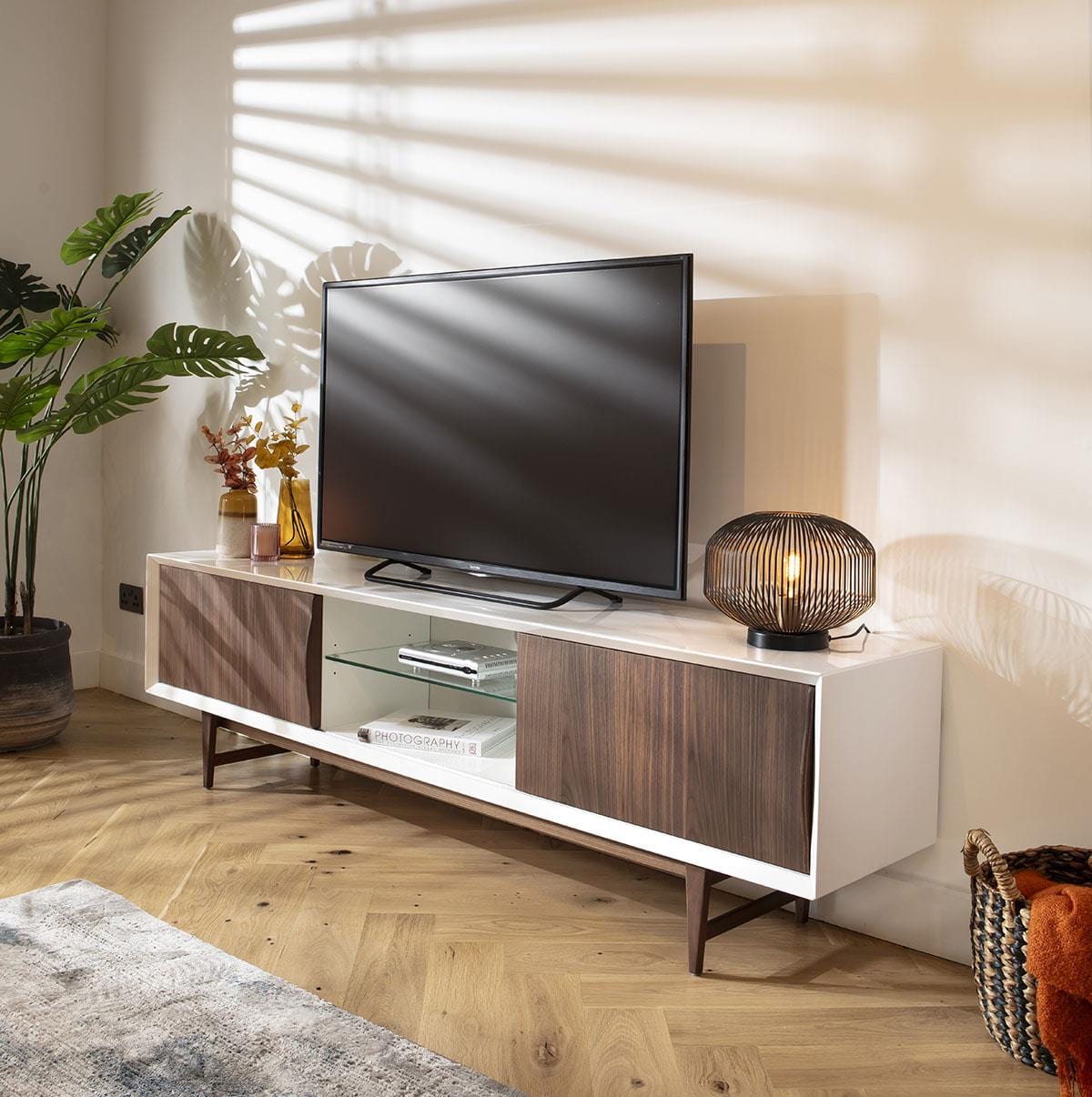 Sito Walnut & Gloss White Large TV Stand Cabinet 201cm
