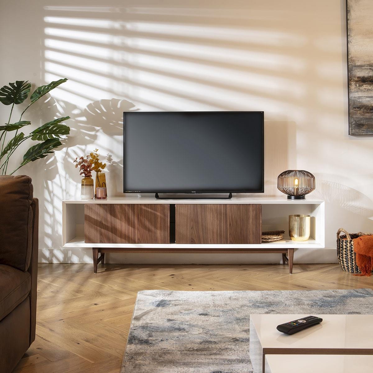 Sito Walnut & Gloss White Large TV Stand Cabinet 201cm