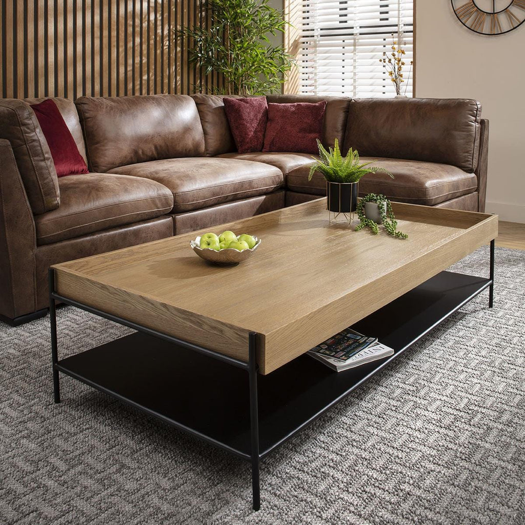 Gus Large Wooden Coffee Table Oak & Black Metal 160x80cm