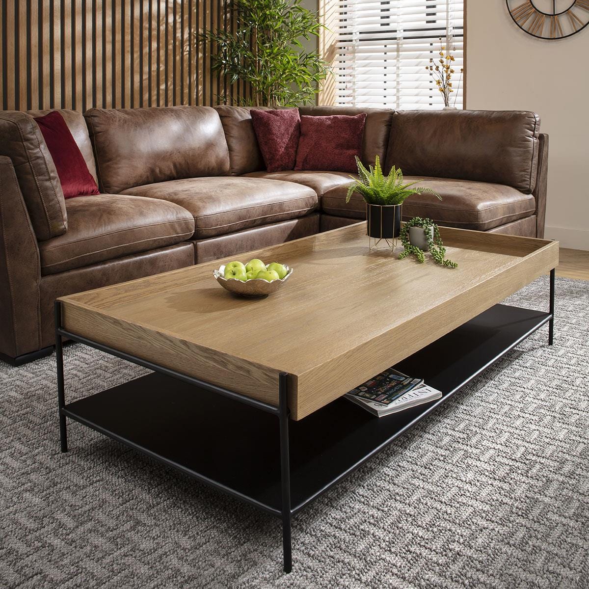 Gus Large Wooden Coffee Table Oak & Black Metal 160x80cm