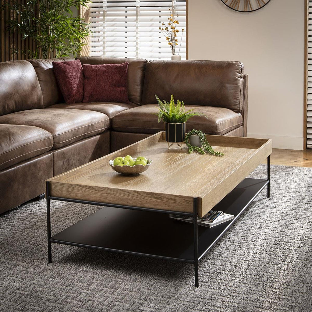 Gus Large Wooden Coffee Table Oak & Black Metal 160x80cm