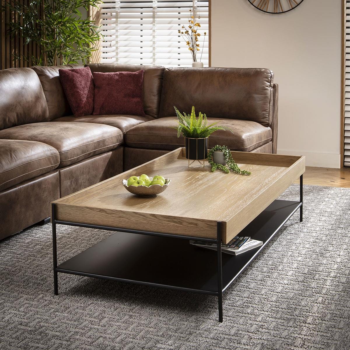 Gus Large Wooden Coffee Table Oak & Black Metal 160x80cm