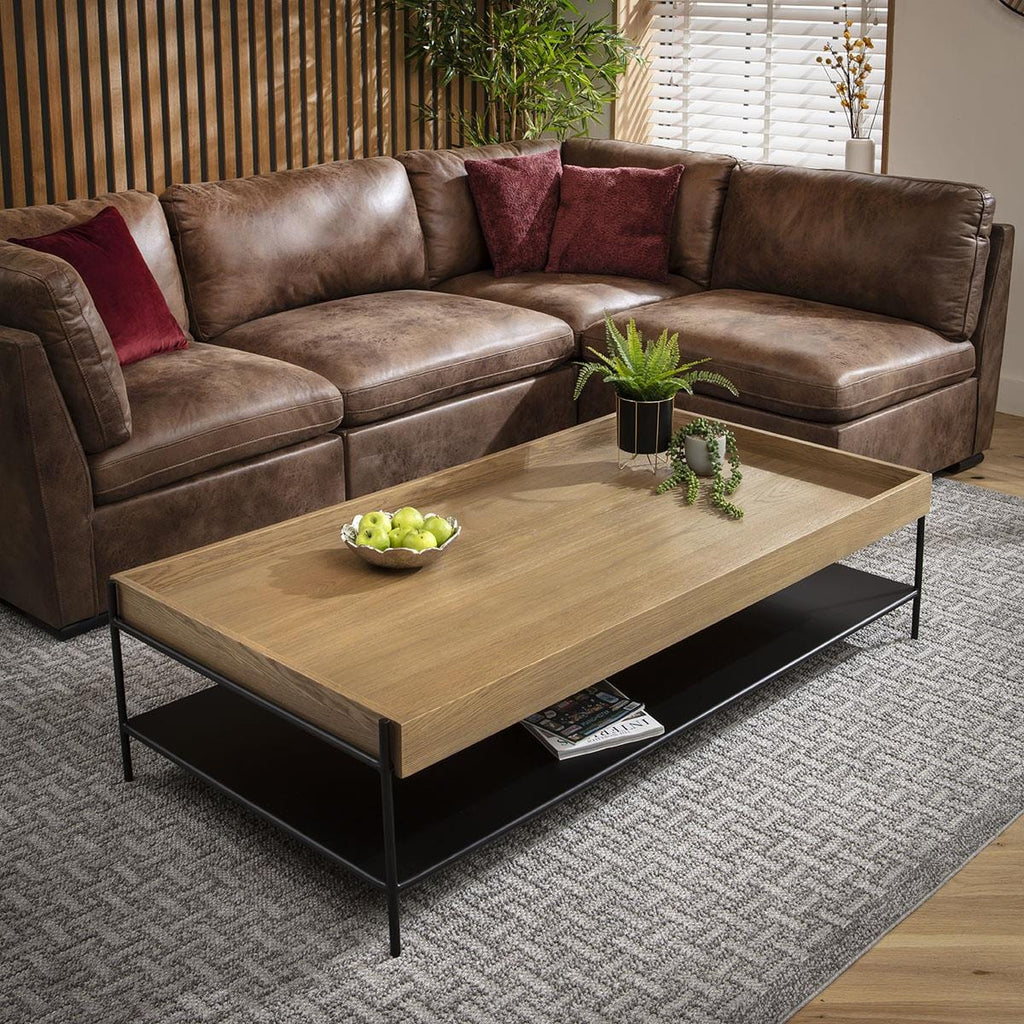 Gus Large Wooden Coffee Table Oak & Black Metal 160x80cm