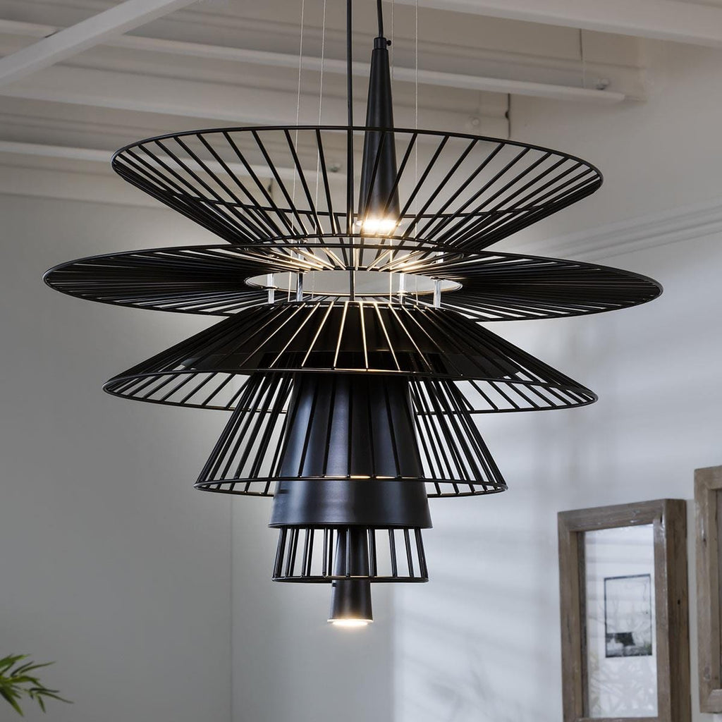 Modern Layered Chandelier Ceiling Light - Unique Design Black Metal Pendant 68cm