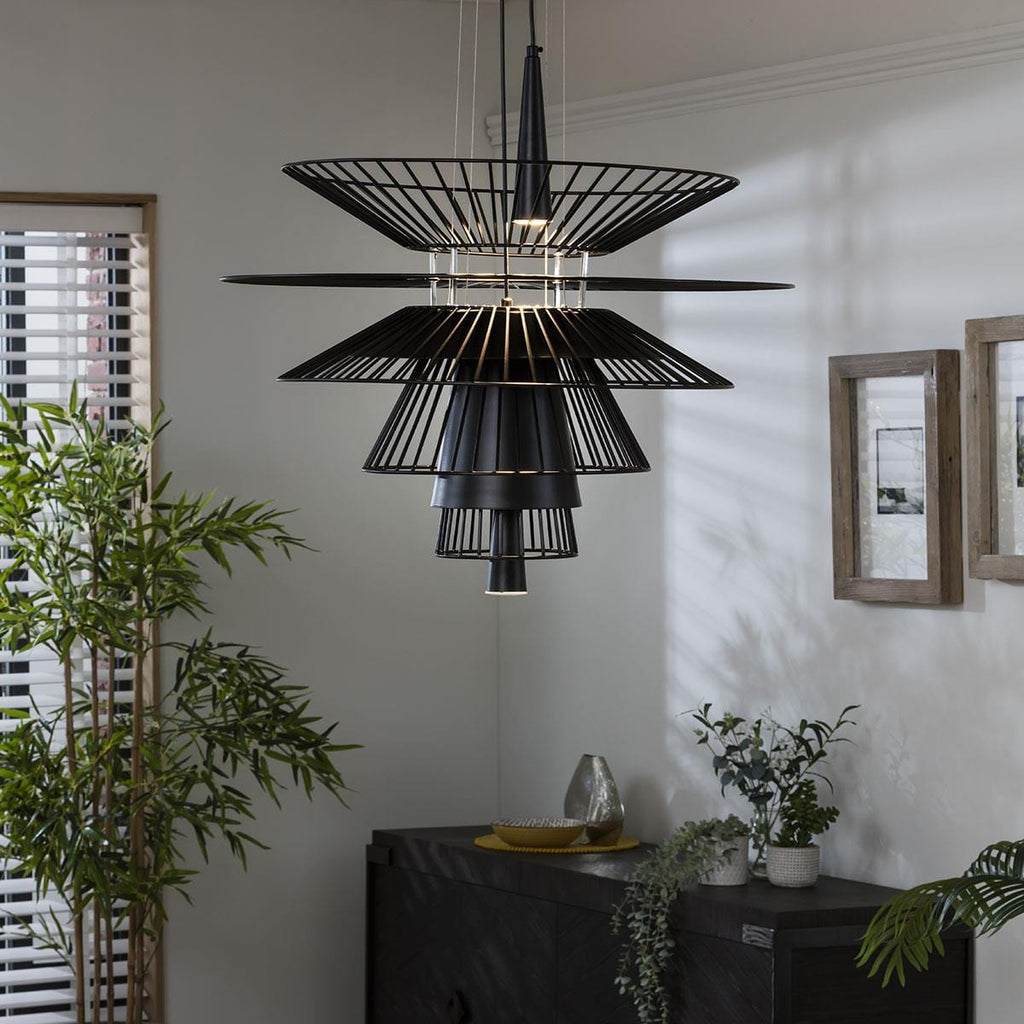 Modern Layered Chandelier Ceiling Light - Unique Design Black Metal Pendant 68cm