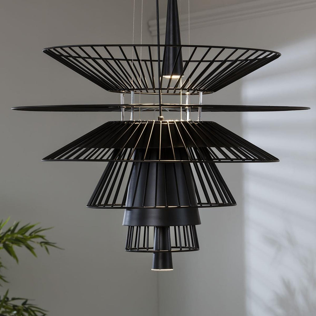 Modern Layered Chandelier Ceiling Light - Unique Design Black Metal Pendant 68cm