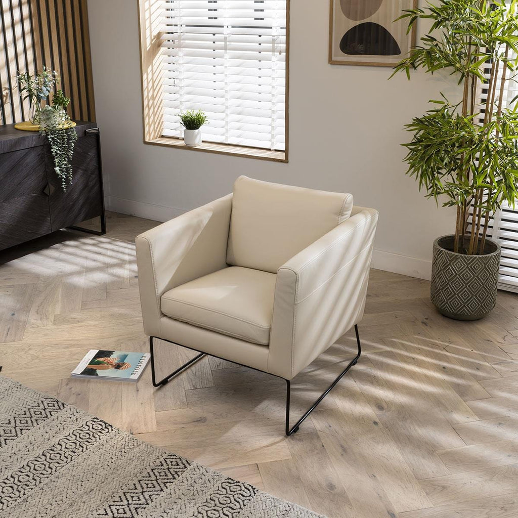 Modern Leather Accent Chair - Premium Real Leather Armchair - Metal Legs