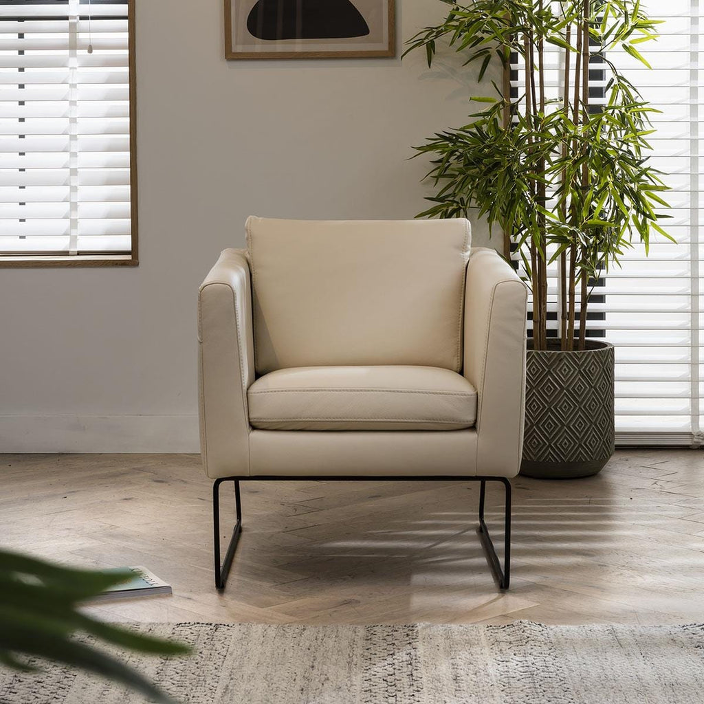 Modern Leather Accent Chair - Premium Real Leather Armchair - Metal Legs