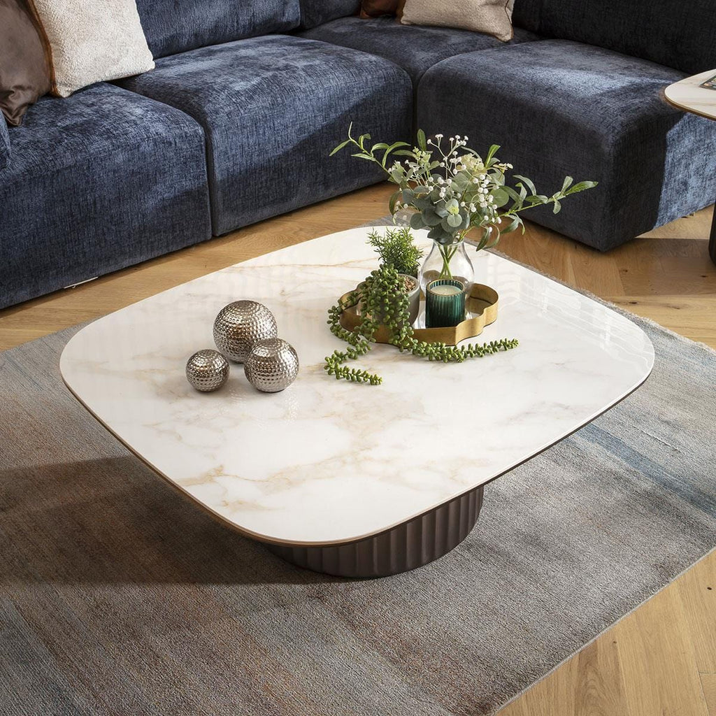 Marron Ceramic Square Coffee Table White Marble Effect 99cm