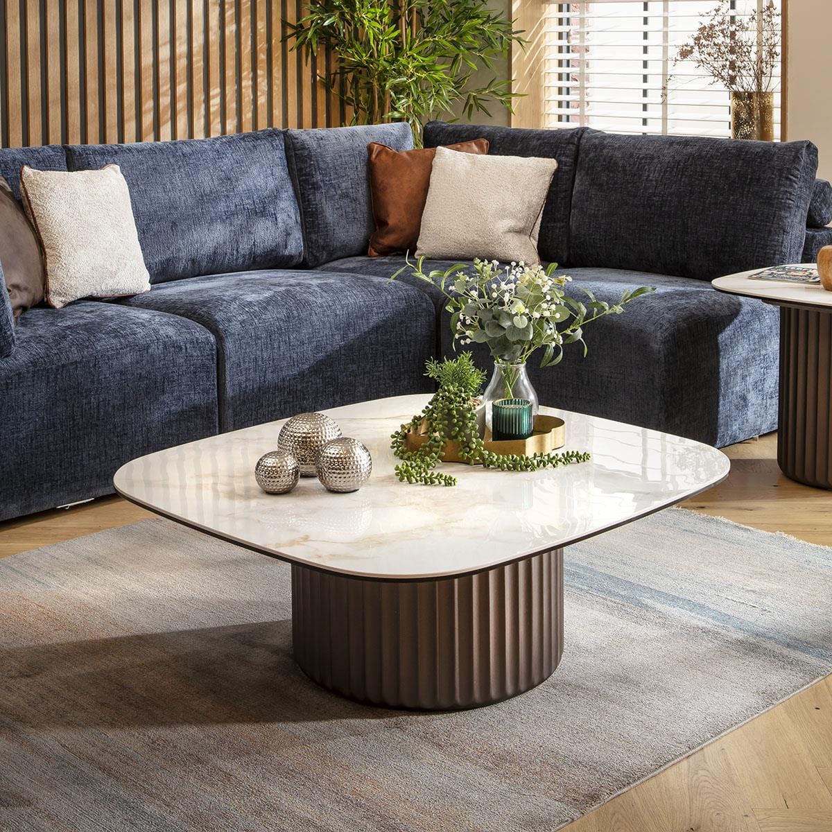 Marron Ceramic Square Coffee Table White Marble Effect 99cm