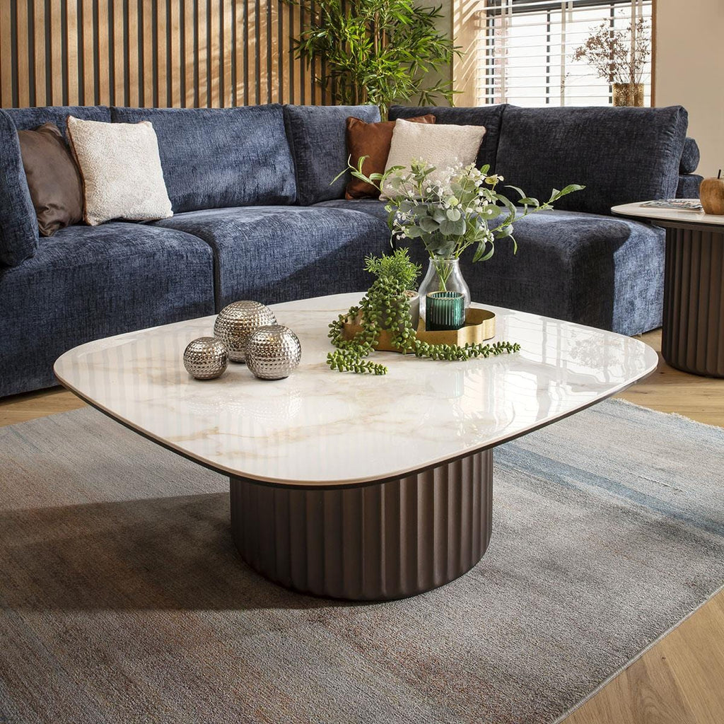 Marron Ceramic Square Coffee Table White Marble Effect 99cm