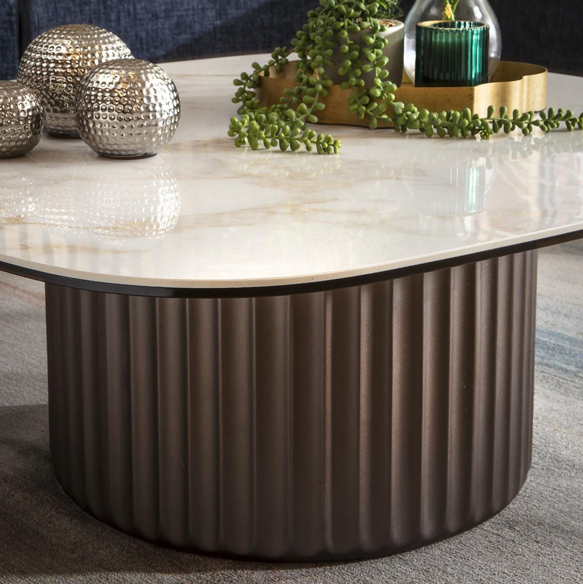 Marron Ceramic Square Coffee Table White Marble Effect 99cm