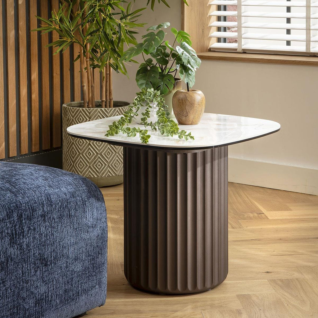 Marron Ceramic Square Side Table White Marble Effect 60cm