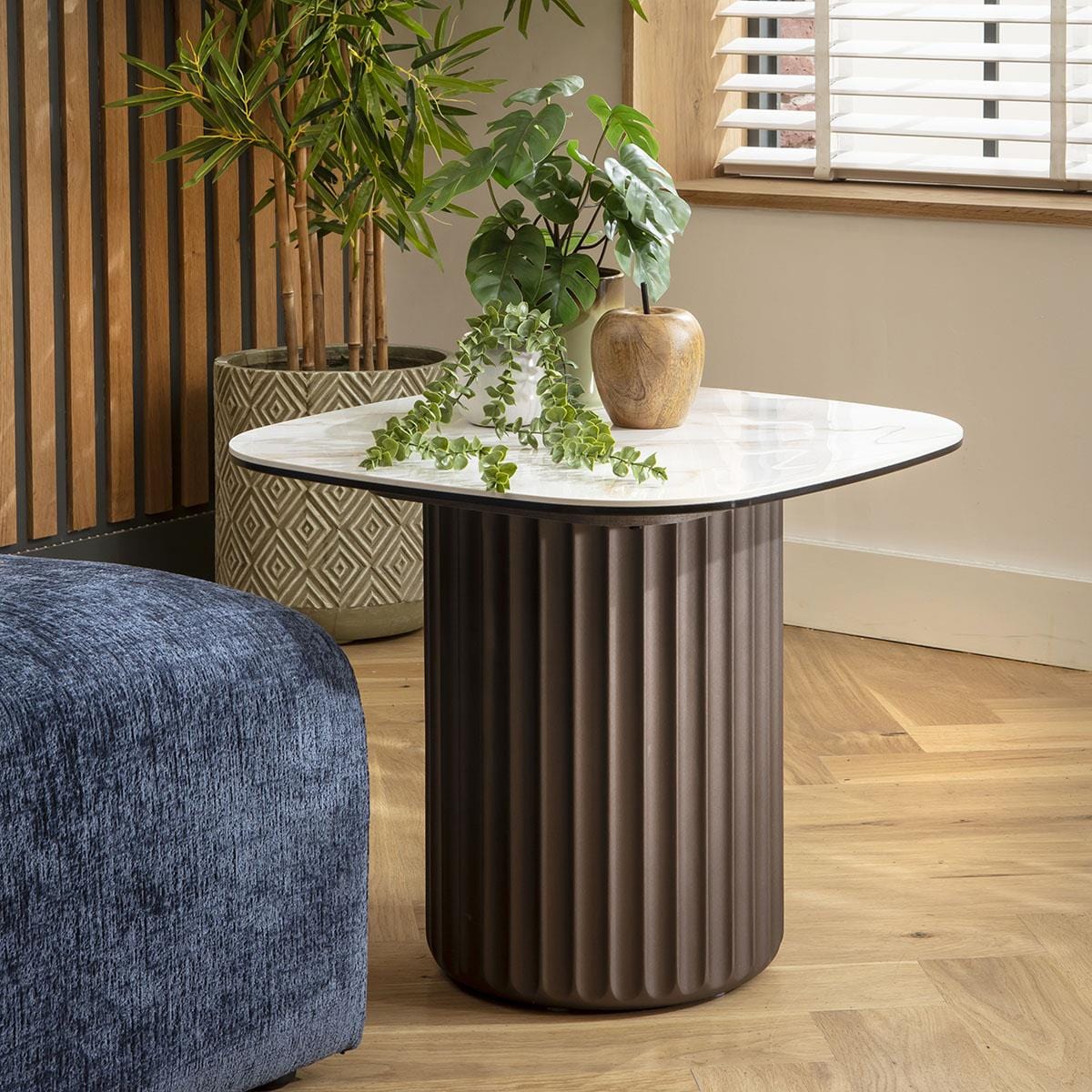 Marron Ceramic Square Side Table White Marble Effect 60cm