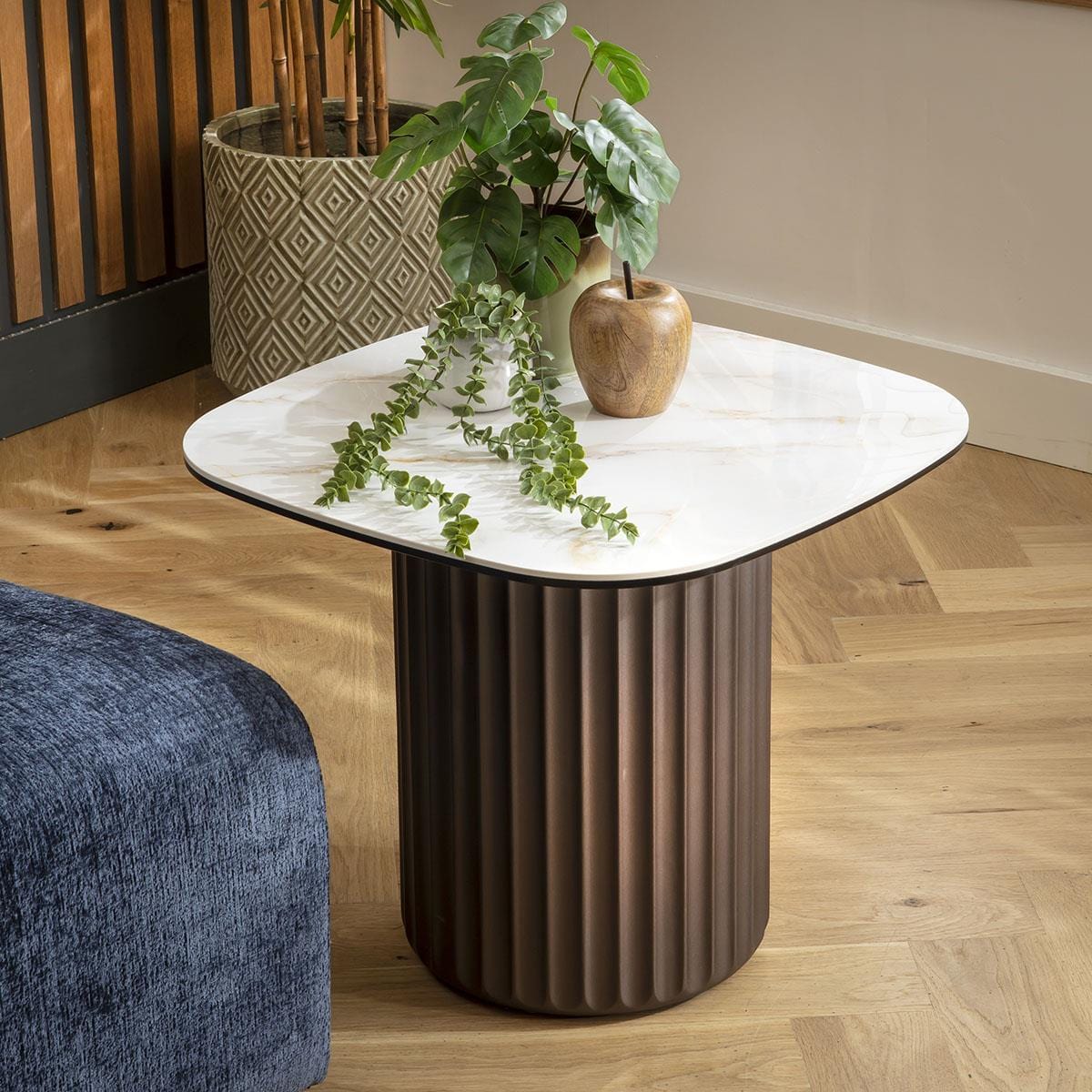 Marron Ceramic Square Side Table White Marble Effect 60cm