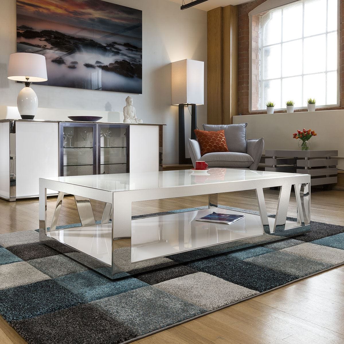 Modern Luxury Large White Rectangular Coffee Table Glass & Stainless V