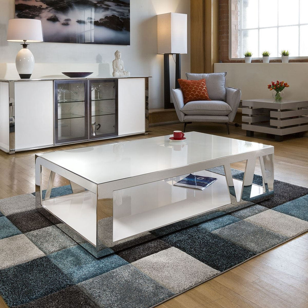 Modern Luxury Large White Rectangular Coffee Table Glass & Stainless V
