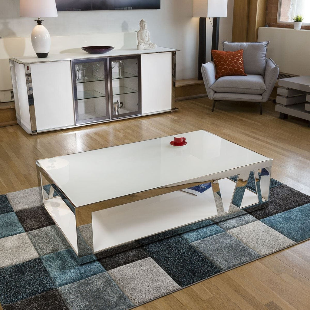 Modern Luxury Large White Rectangular Coffee Table Glass & Stainless V