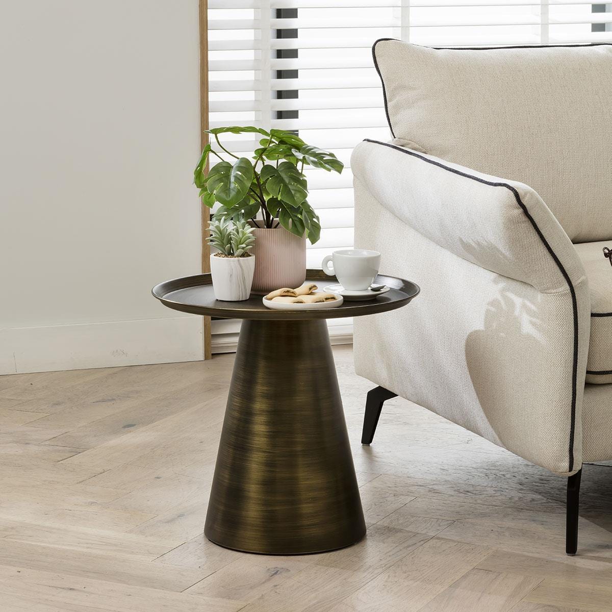 ExDisplay Modern Metal Side Table - Gold Coned Shape Round Lamp Table 48cm