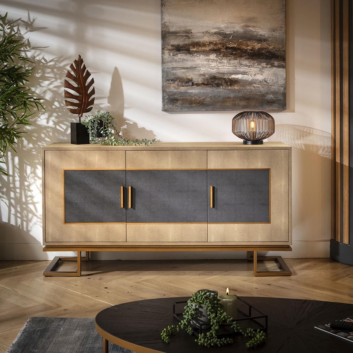 Shagreen 3 Door Sideboard Cabinet Gold & Grey 165cm