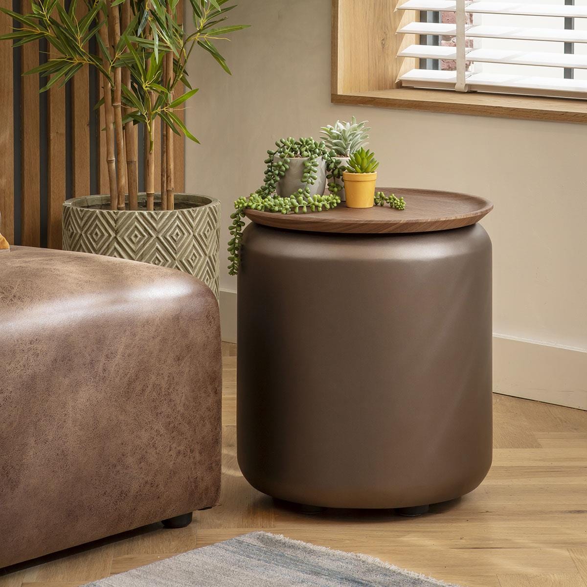 Pascal Modern Round Side Table Walnut & Brown 45cm