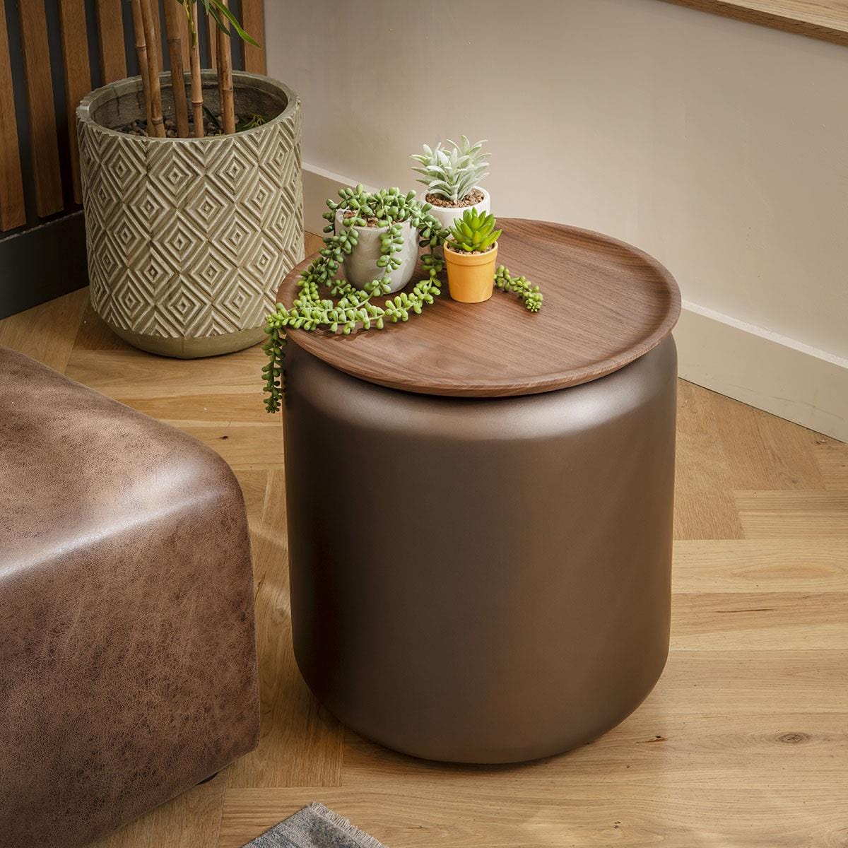 Pascal Modern Round Side Table Walnut & Brown 45cm