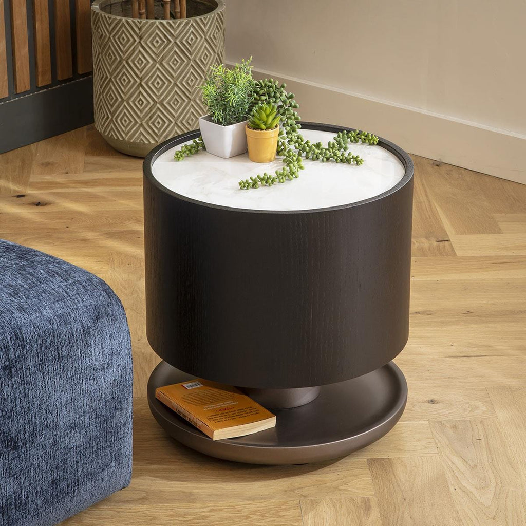 Ashlon Round Black Side Table White Marble Effect Ceramic 48cm