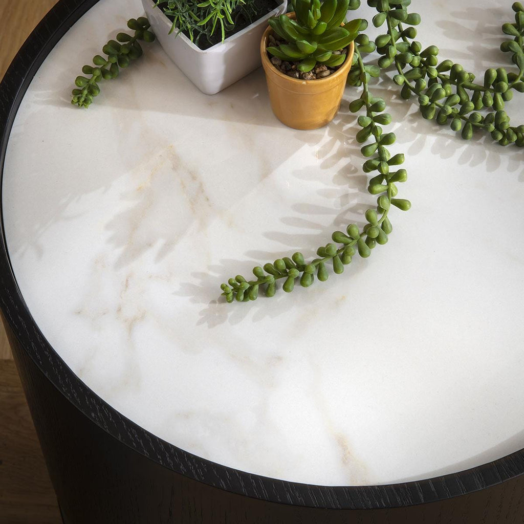 Ashlon Round Black Side Table White Marble Effect Ceramic 48cm