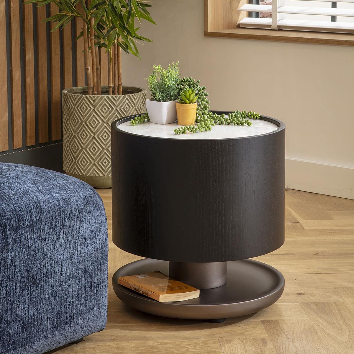 Ashlon Round Black Side Table White Marble Effect Ceramic 48cm