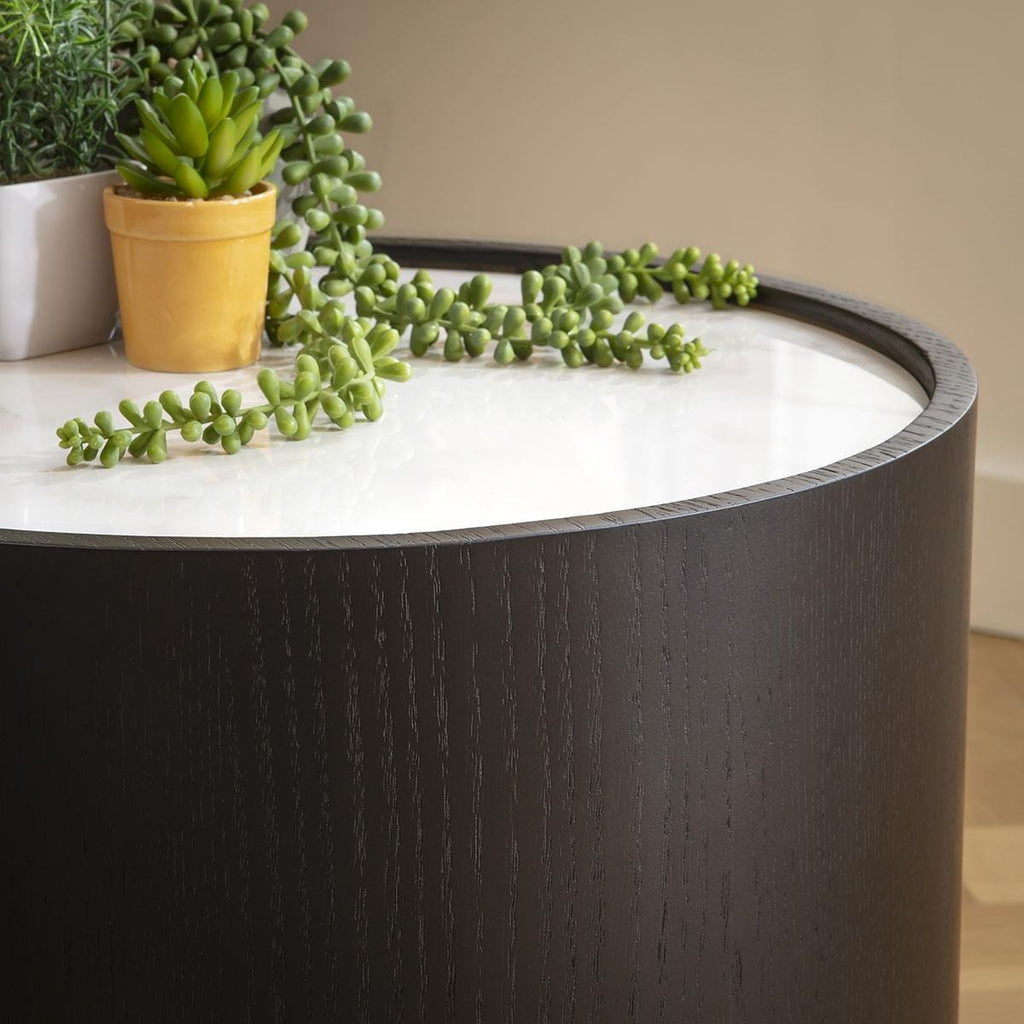 Ashlon Round Black Side Table White Marble Effect Ceramic 48cm