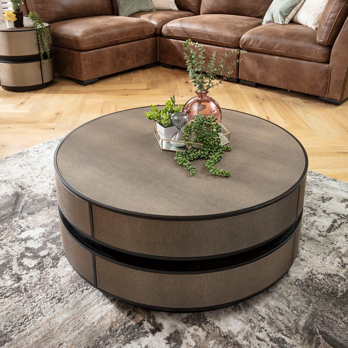 Shagreen Round Leather Inlaid Coffee Table Gold 92cm