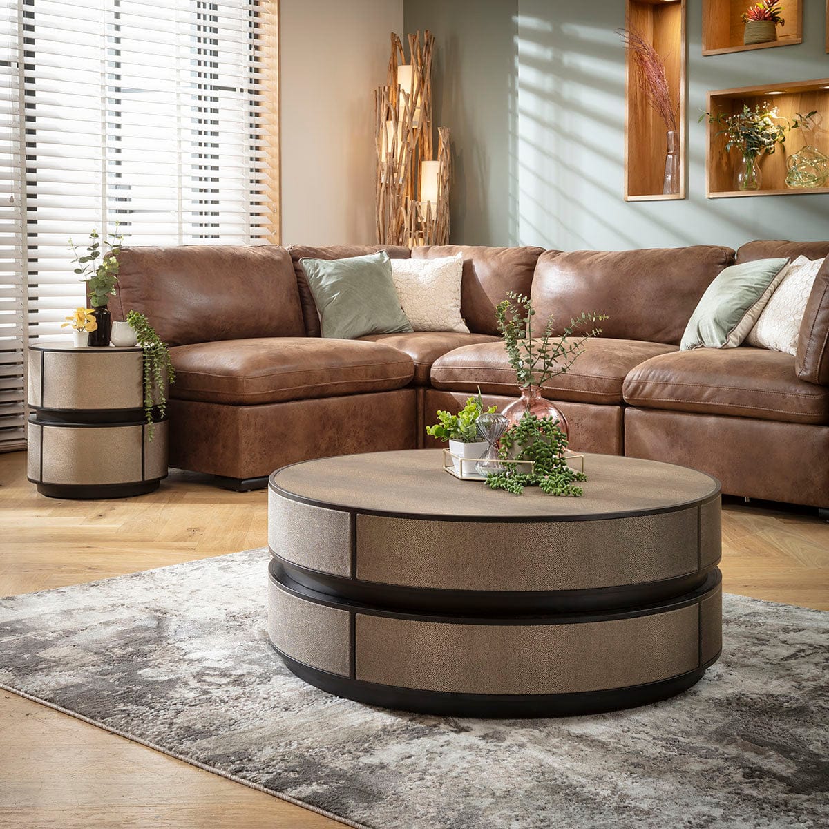 Shagreen Round Leather Inlaid Coffee Table Gold 92cm