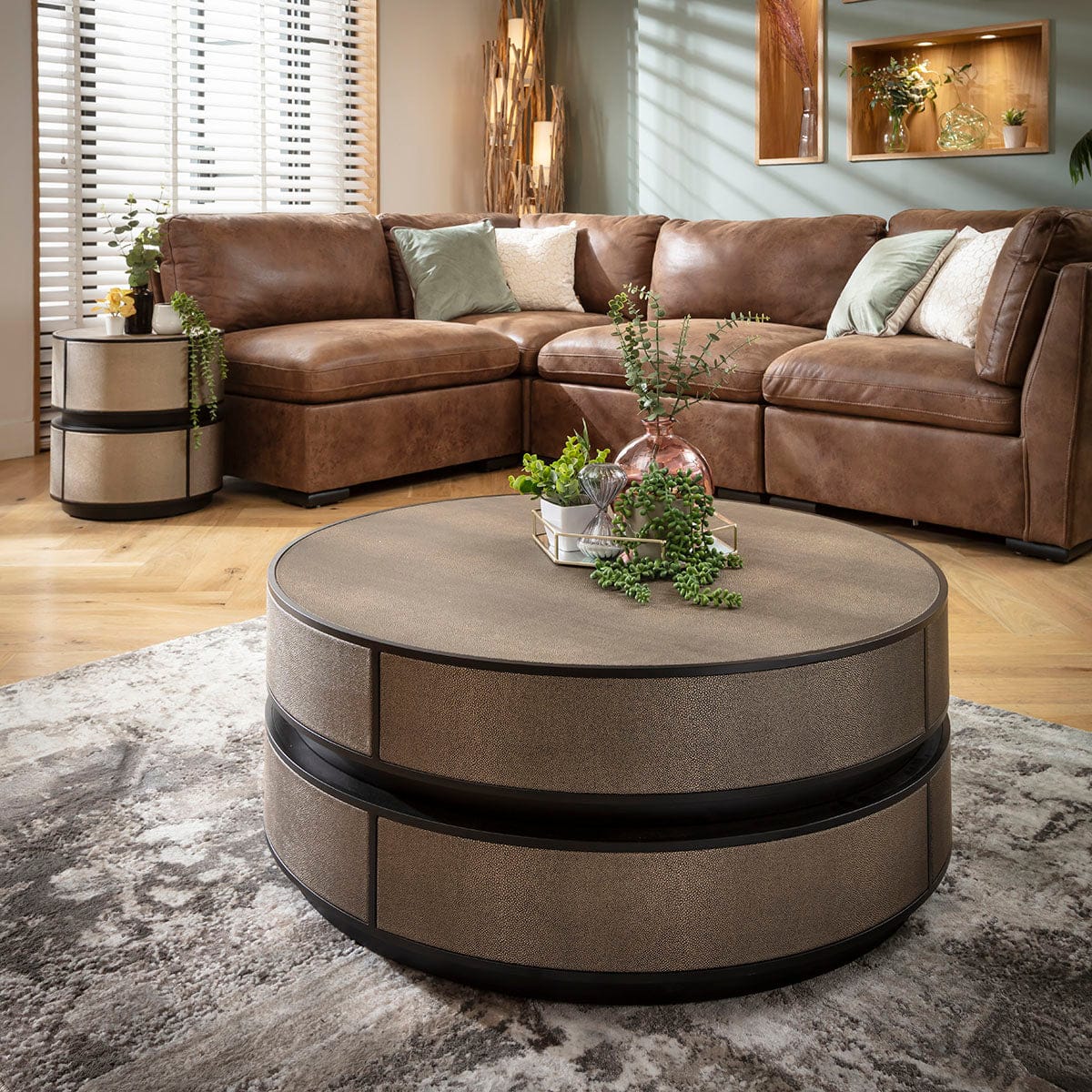Shagreen Round Leather Inlaid Coffee Table Gold 92cm