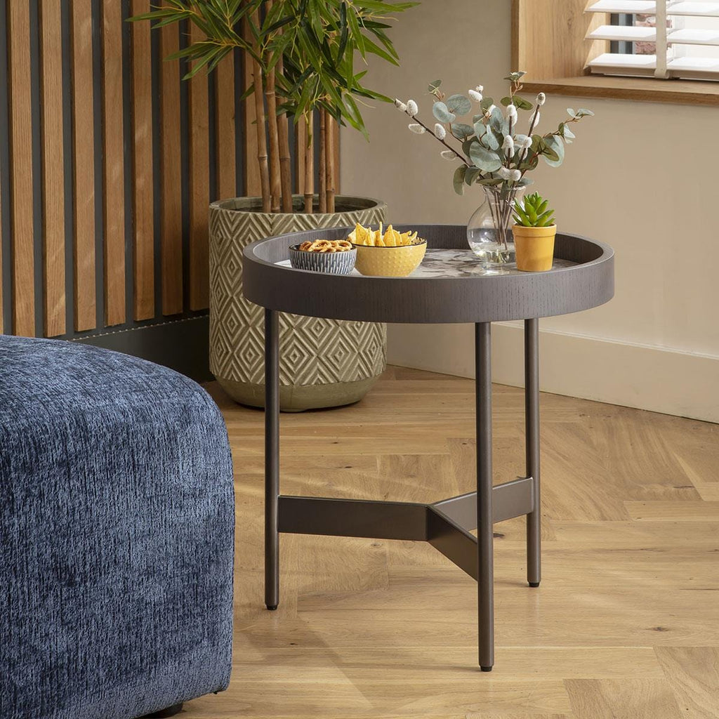 Quincy Round Glass Side Table White Marble Effect 50cm