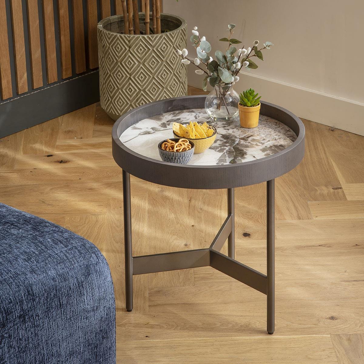 Quincy Round Glass Side Table White Marble Effect 50cm