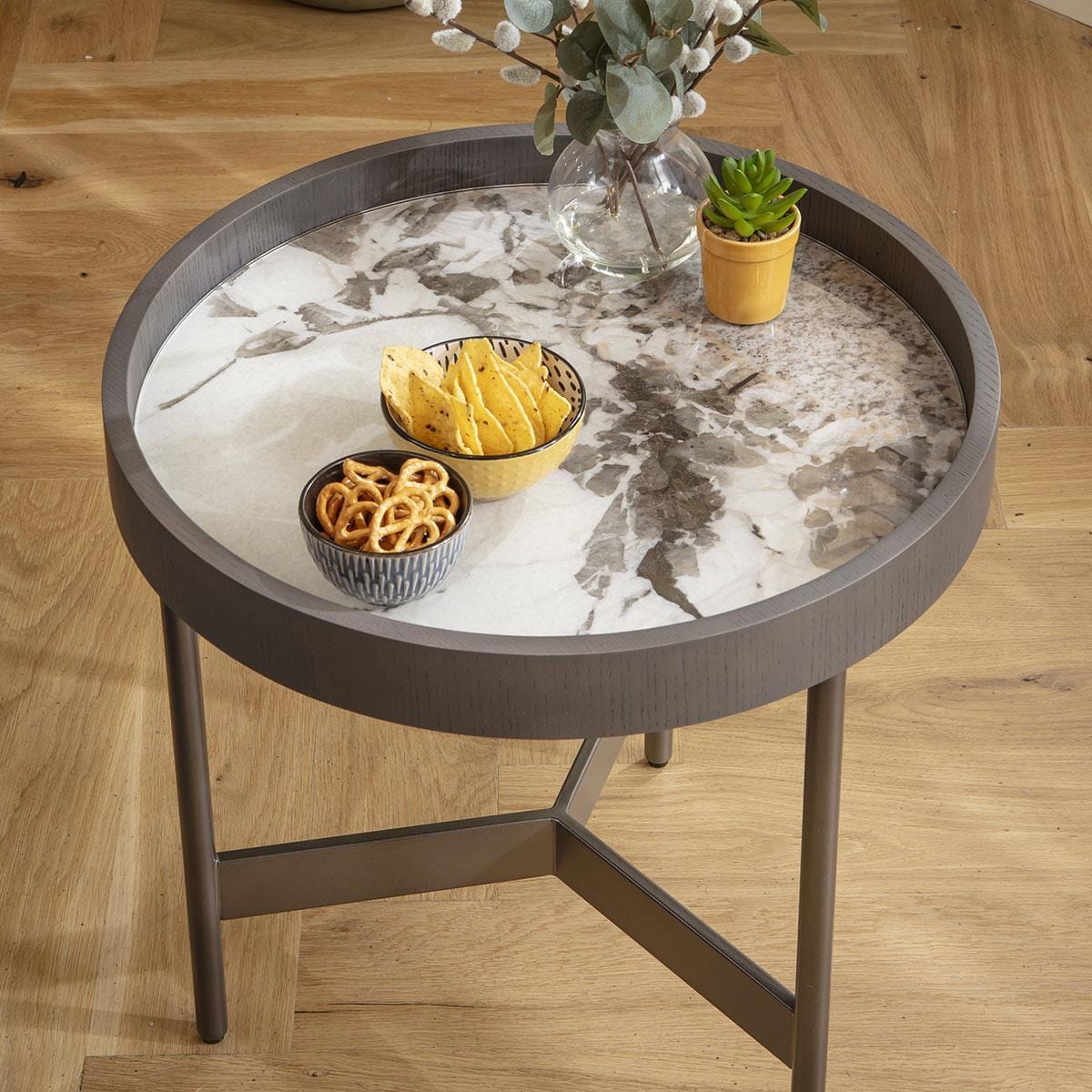 Quincy Round Glass Side Table White Marble Effect 50cm