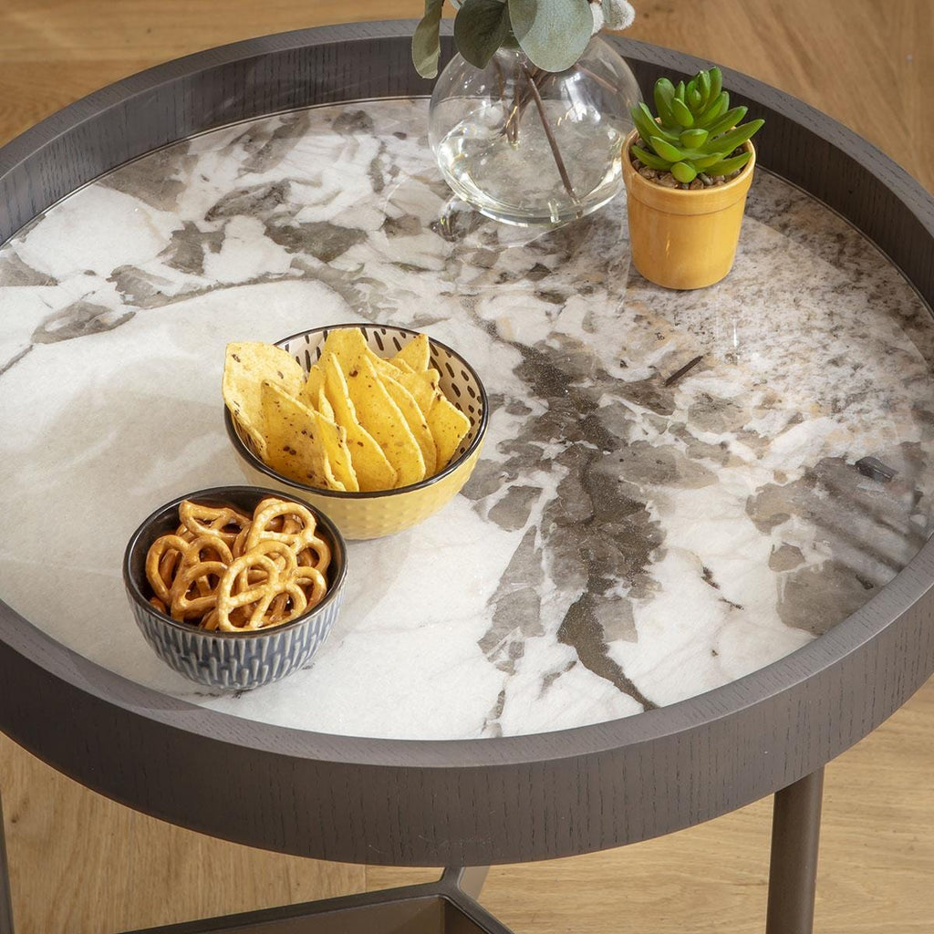 Quincy Round Glass Side Table White Marble Effect 50cm