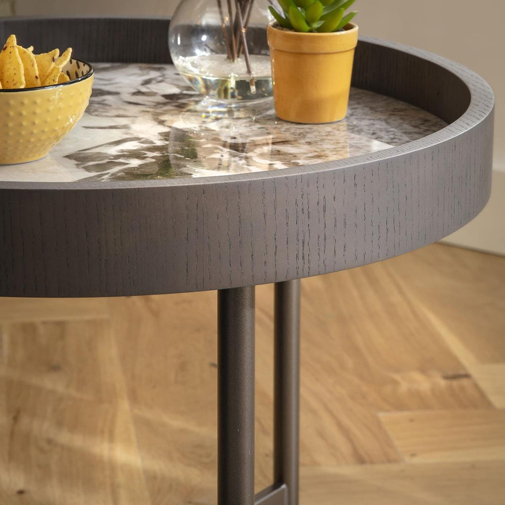 Quincy Round Glass Side Table White Marble Effect 50cm