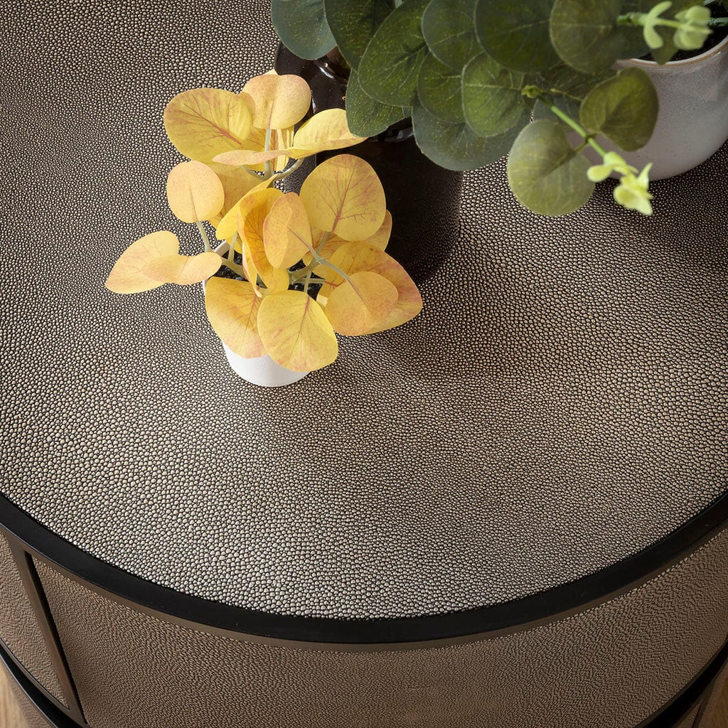 Shagreen Round Leather Inlaid Lamp Side Table Gold 48cm