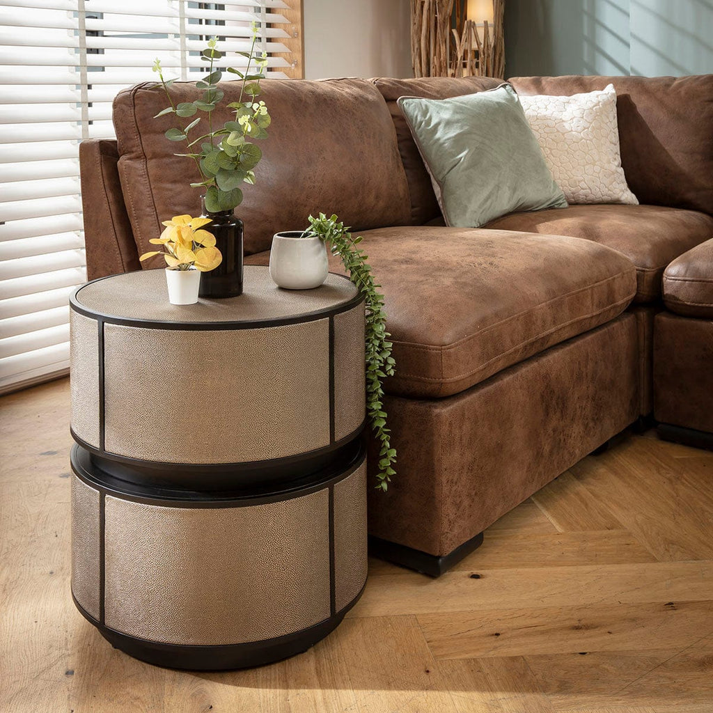 Shagreen Round Leather Inlaid Lamp Side Table Gold 48cm