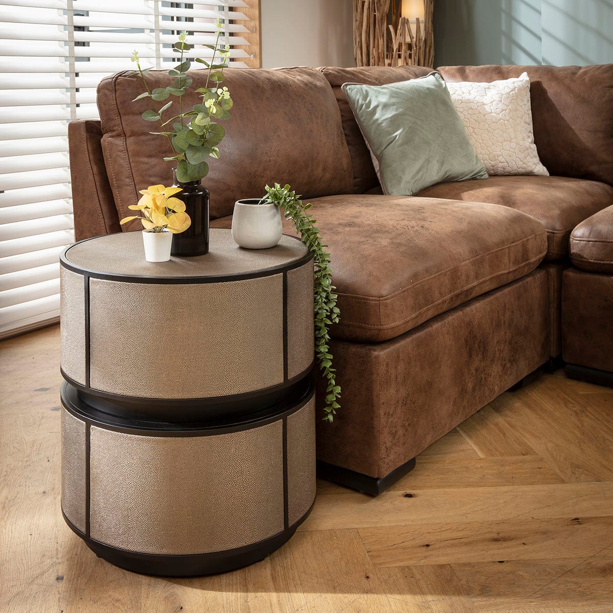 Shagreen Round Leather Inlaid Lamp Side Table Gold 48cm