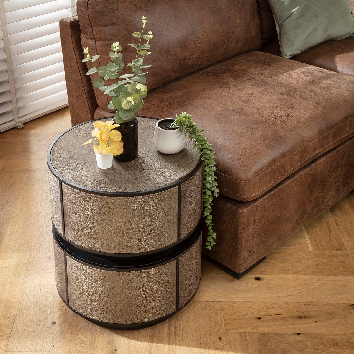 Shagreen Round Leather Inlaid Lamp Side Table Gold 48cm