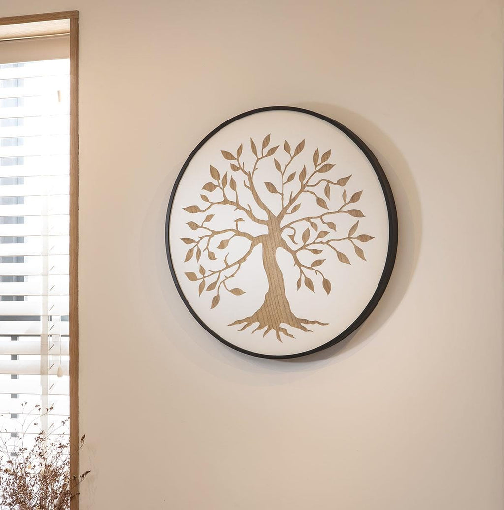 Round Wall Artwork White & Natural Wood 60x60cm