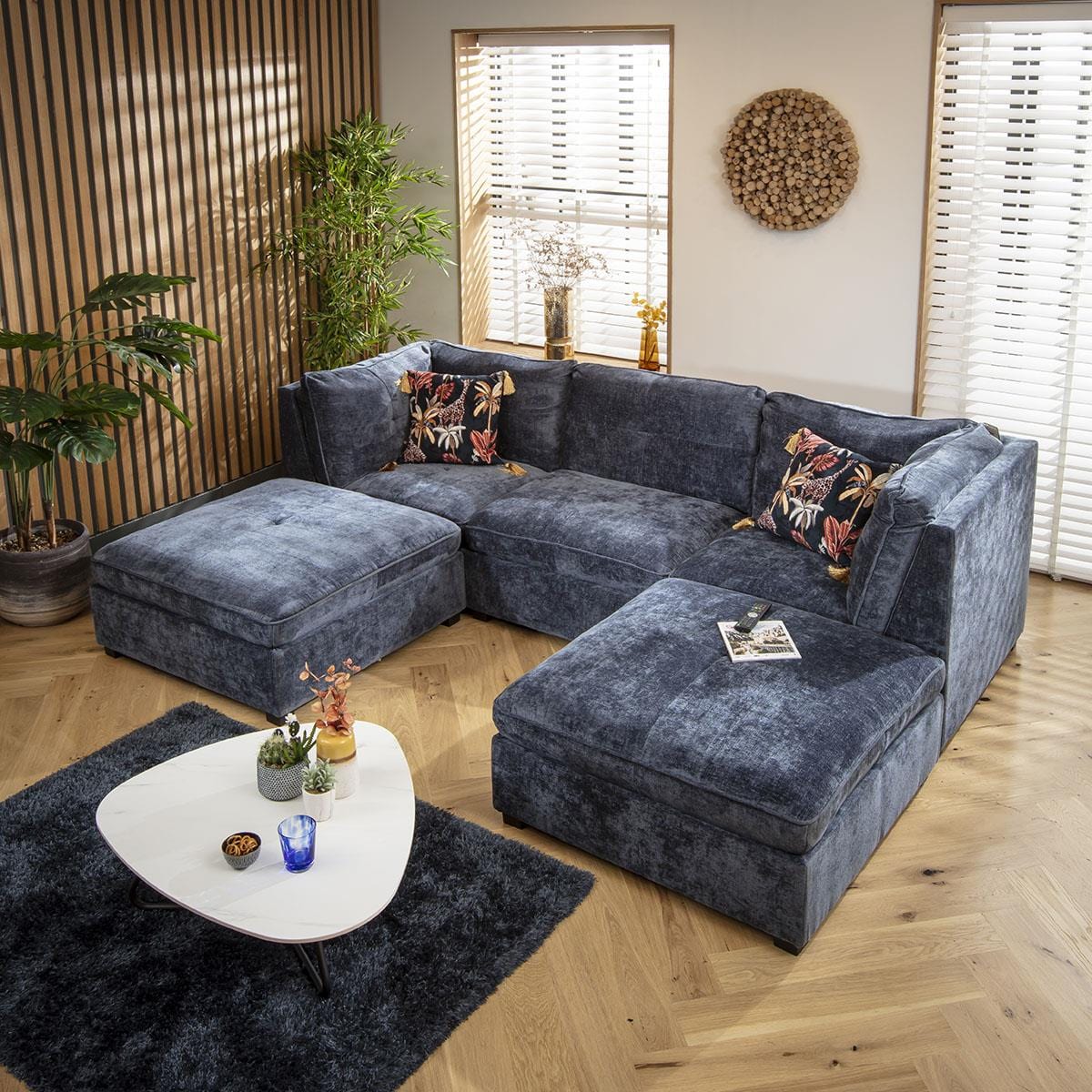 Anni 3 Seater U-Shape Sofa Blue Chenille 279x192cm 4