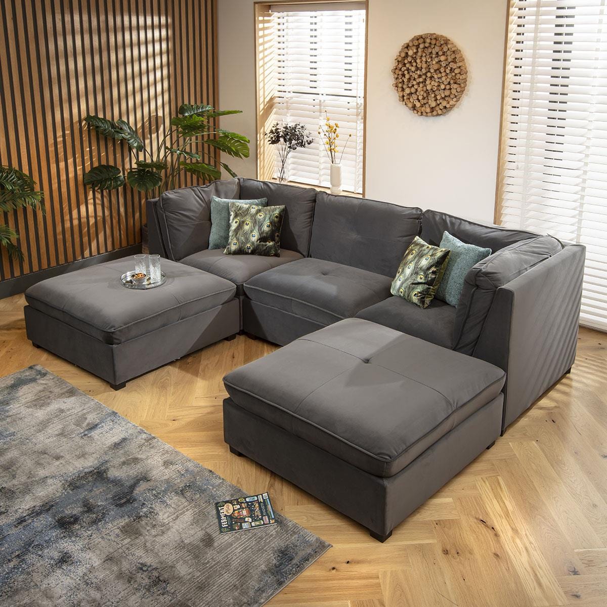 Anni 3 Seater U-Shape Sofa Grey Velvet 279x192cm 4