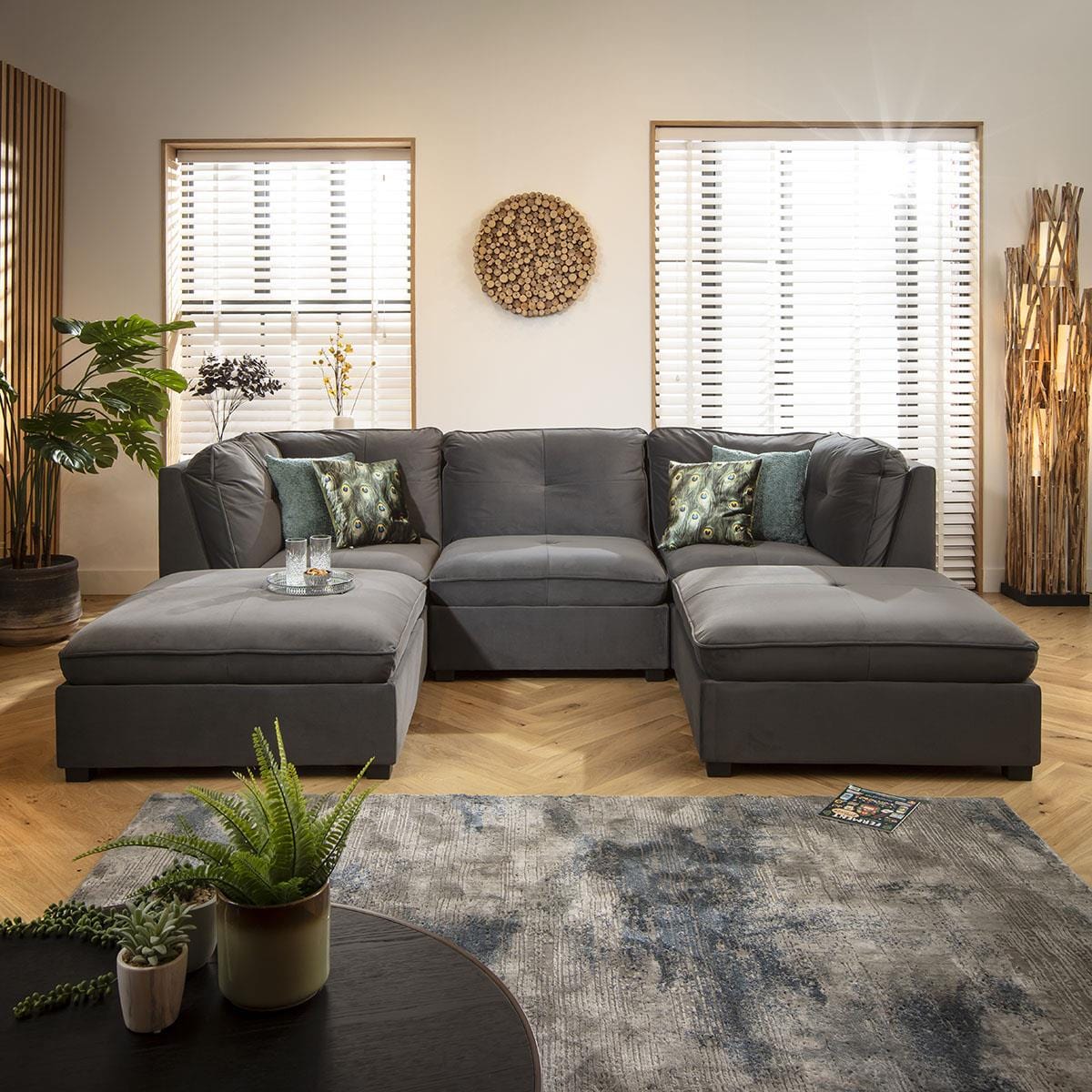 Anni 3 Seater U-Shape Sofa Grey Velvet 279x192cm 4