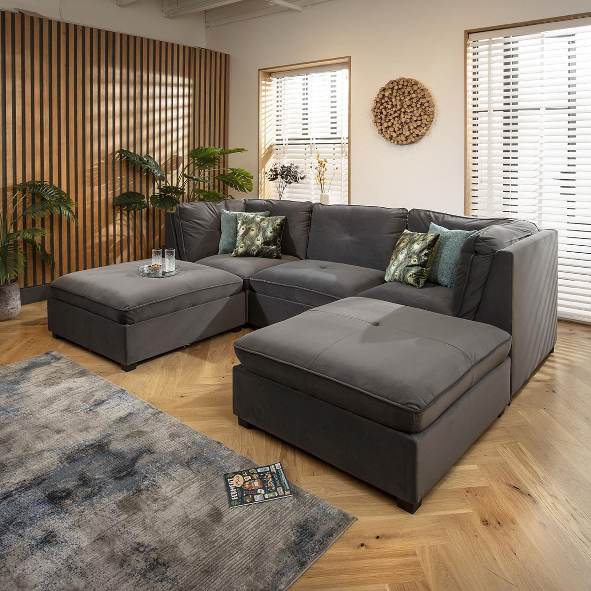 Anni 3 Seater U-Shape Sofa Grey Velvet 279x192cm 4